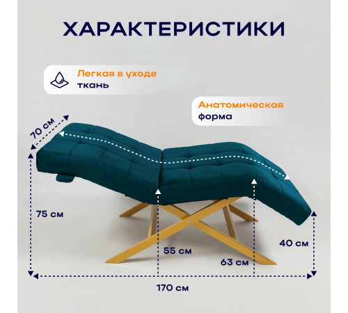 Кушетка анатомическая лофт Ergo VZ на золотых ножках синяя