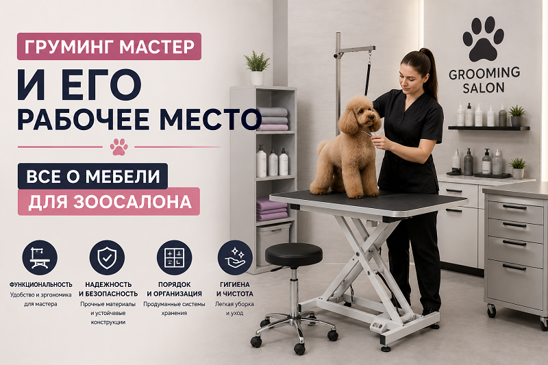 Груминг мастер и его рабочее место. Все о мебели для зоосалона. Мебель для груминга должна быть функциональной, надежной и безопасной, а так же удобной для груминг мастера.